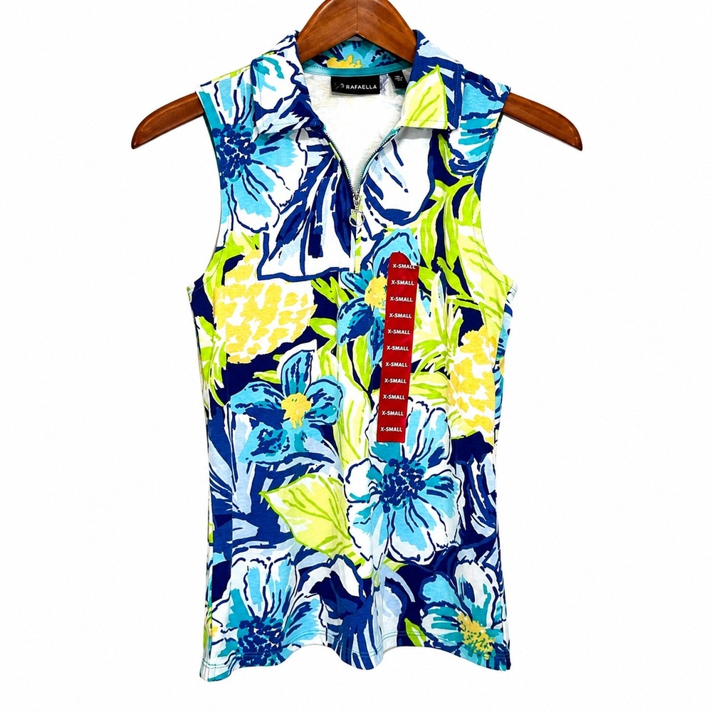 Rafaella Womens Floral Quarter Zip Sleeveless Polo Top Blue Lime XS RSKSE061
